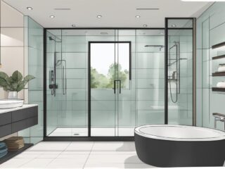 A modern bathroom with a sleek, frameless shower enclosure, featuring clean lines and a minimalist design