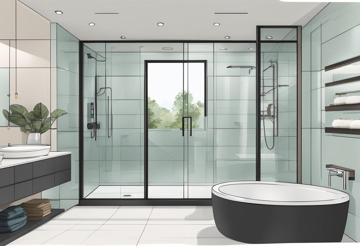 A modern bathroom with a sleek, frameless shower enclosure, featuring clean lines and a minimalist design