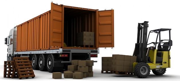 3d render of a freight container and a forklift