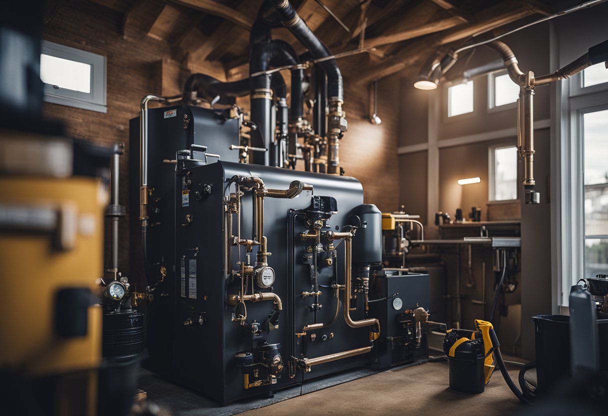 A boiler being installed in a home, with tools and equipment scattered around the work area