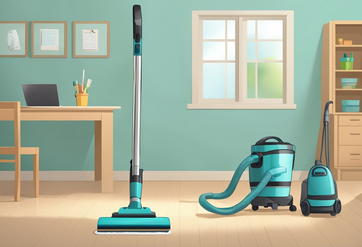 A vacuum cleaner glides across the floor, while a mop and bucket stand ready nearby. A checklist of cleaning tasks is displayed prominently on the wall
