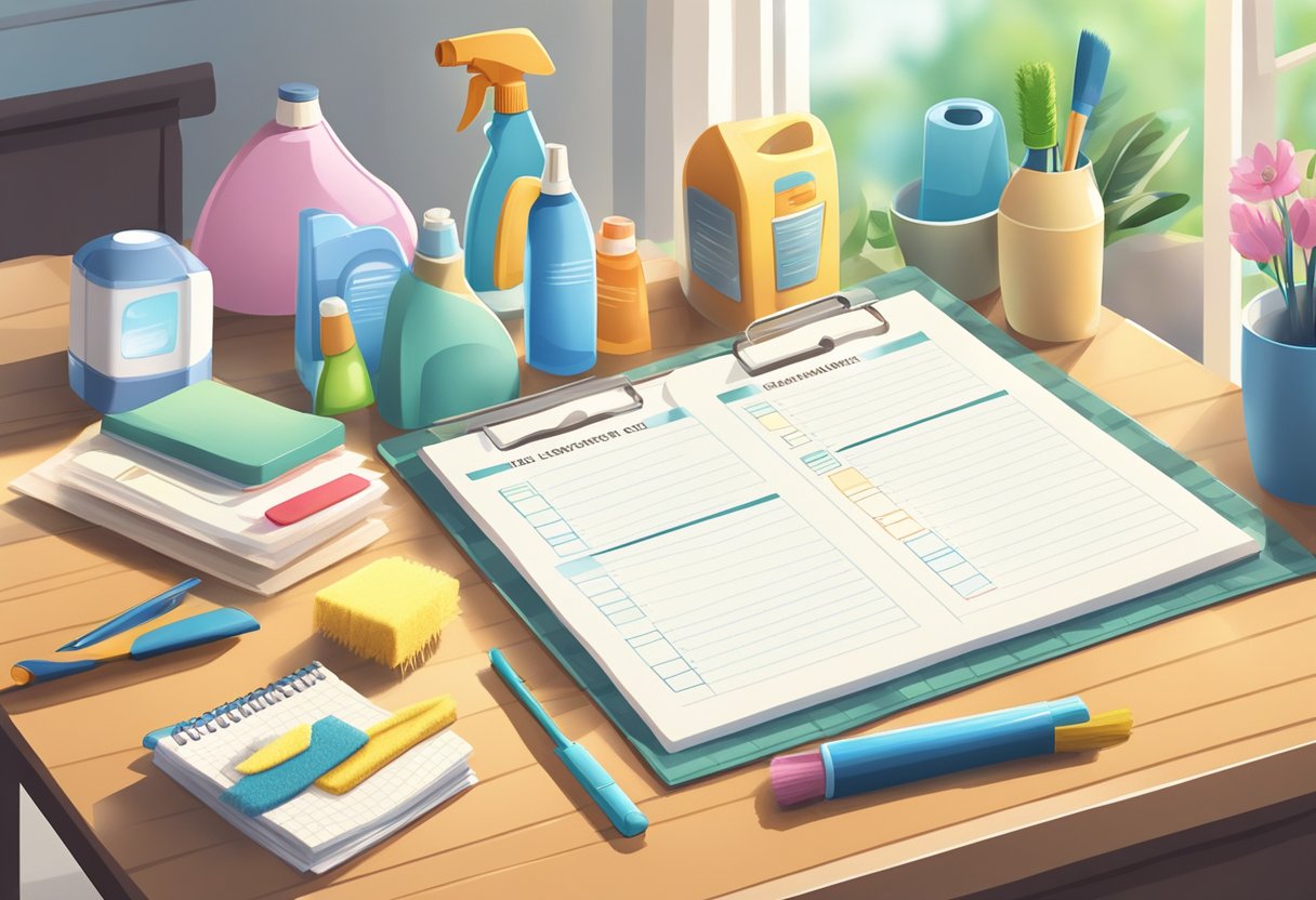 A cleaning checklist is laid out on a table, with cleaning supplies neatly organized nearby. The room is tidy and bright, with sunlight streaming in through the window