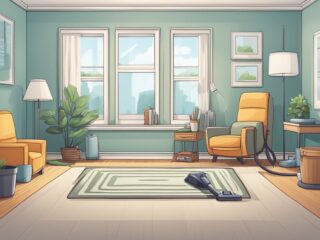A clean, empty room with vacuum marks on the carpet, streak-free windows, and neatly arranged furniture. Cleaning supplies are neatly organized in a corner