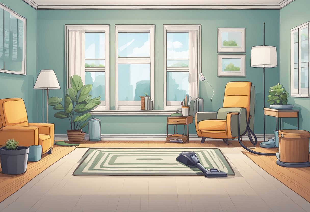 A clean, empty room with vacuum marks on the carpet, streak-free windows, and neatly arranged furniture. Cleaning supplies are neatly organized in a corner