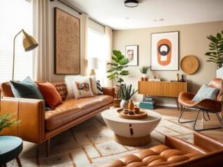 Living room Mid Century style with warm colors Ai generative