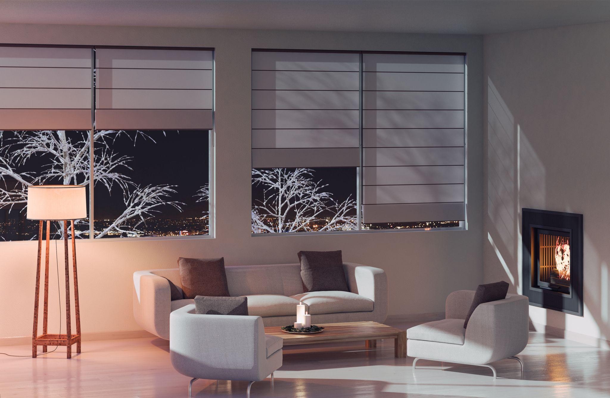 A cozy room with custom window coverings with a sleek design, timeless appeal and functionality